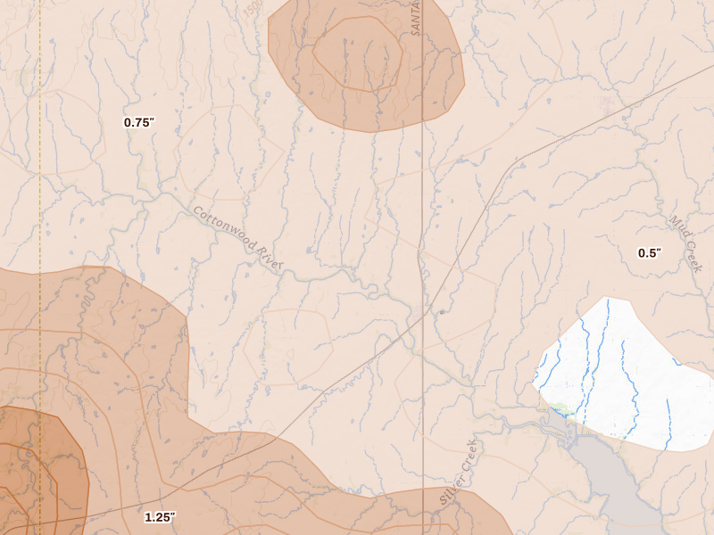 Radar-estimated hail-size map of the storm over Durham, KS on Apr 26, 2026