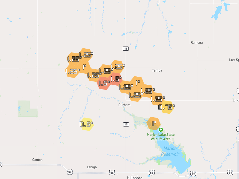 Hail map of Durham, KS on Jun 1, 2026, hail up to 1.5"