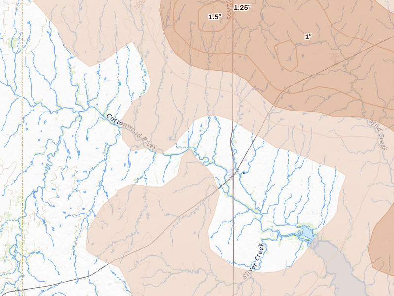 Radar-estimated hail-size map of the storm over Durham, KS on Jun 8, 2026