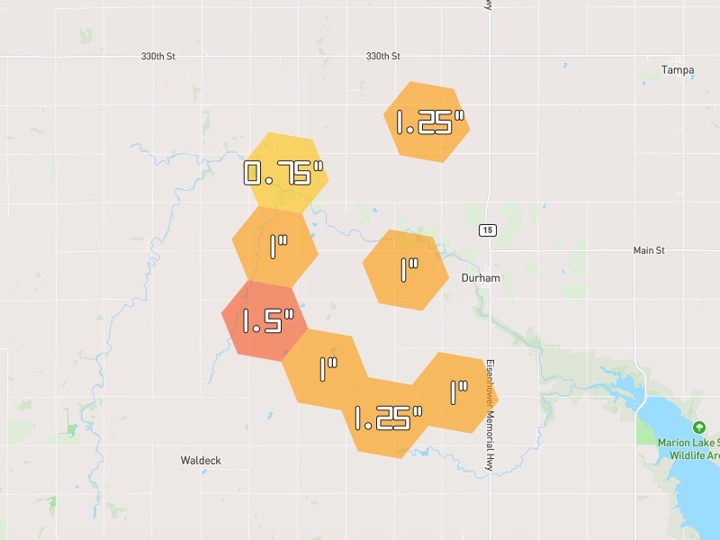 Hail map of Durham, KS on Jun 9, 2026, hail up to 1.5"