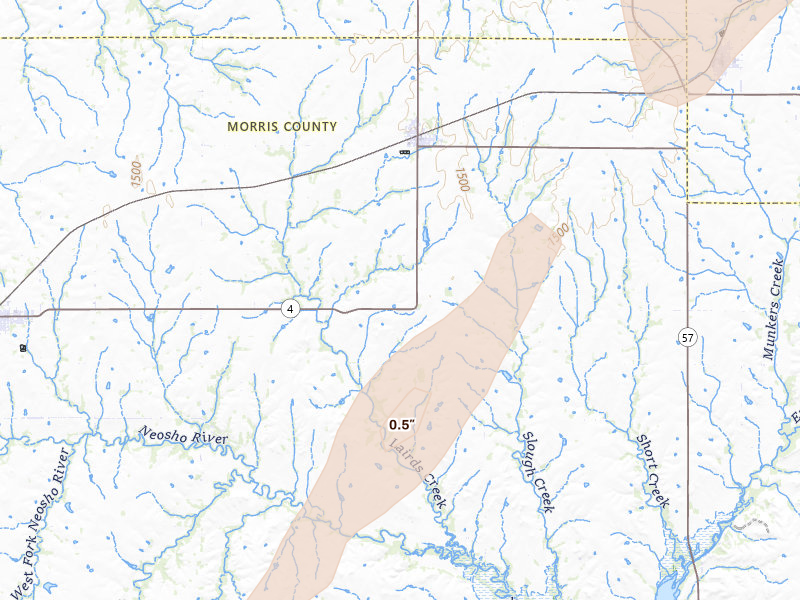 Radar-estimated hail-size map of the storm over Dwight, KS on Mar 5, 2026