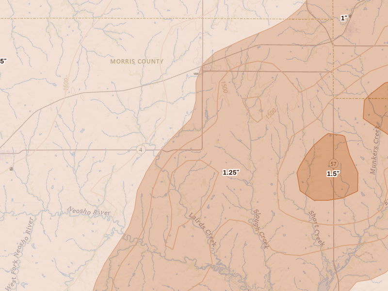 Radar-estimated hail-size map of the storm over Dwight, KS on Apr 26, 2026