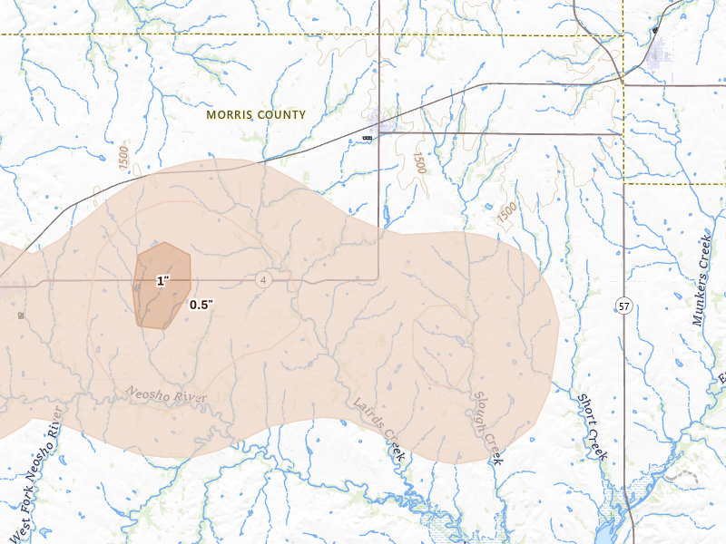 Radar-estimated hail-size map of the storm over Dwight, KS on May 4, 2026