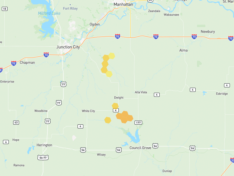Hail map of Dwight, KS on Jun 9, 2026, hail up to 1.25"