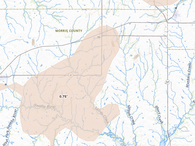 Radar-estimated hail-size map of the storm over Dwight, KS on Jul 3, 2026