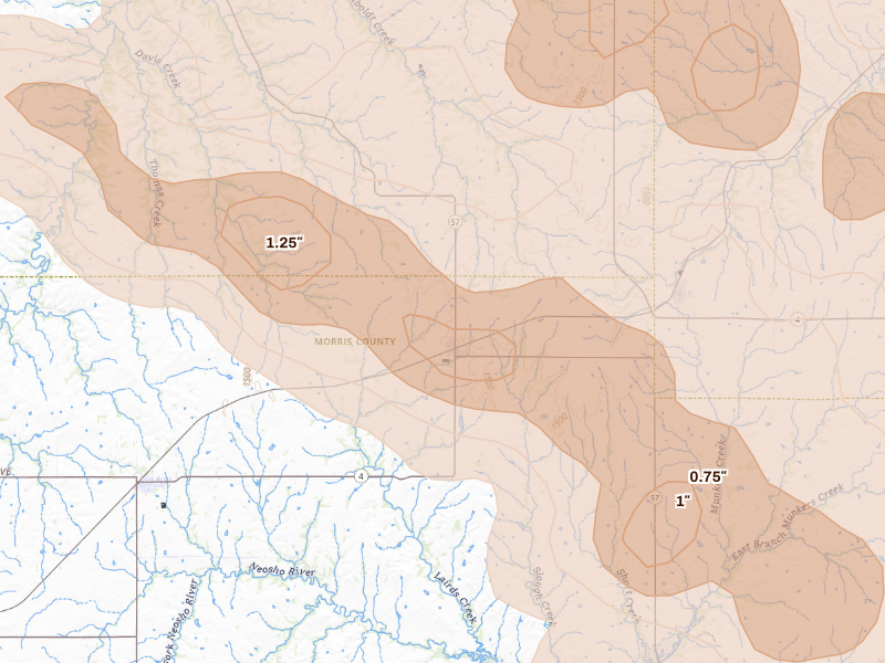 Radar-estimated hail-size map of the storm over Dwight, KS on Sep 12, 2026