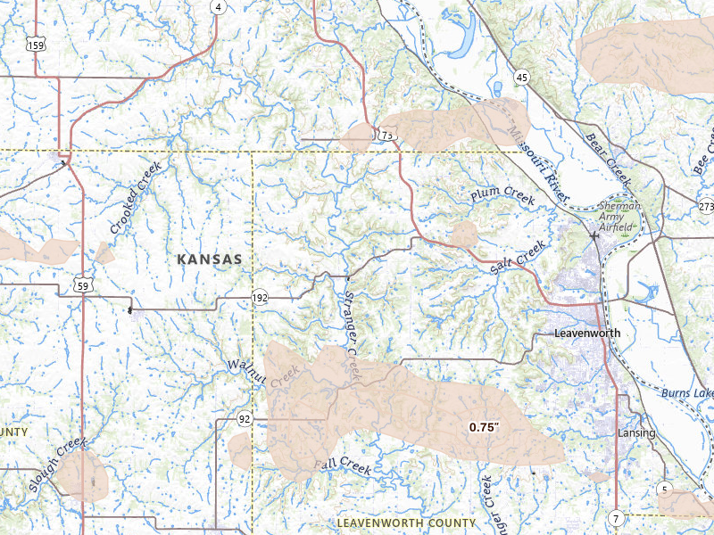 Radar-estimated hail-size map of the storm over Easton, KS on Aug 5, 2026