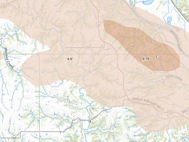 Radar-estimated hail-size map of the storm over Easton, KS on Aug 18, 2026