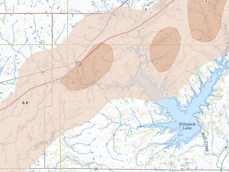Radar-estimated hail-size map of the storm over Edgerton, KS on Mar 10, 2026