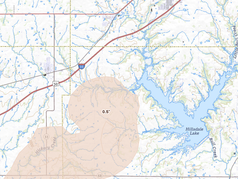 Radar-estimated hail-size map of the storm over Edgerton, KS on Apr 23, 2026