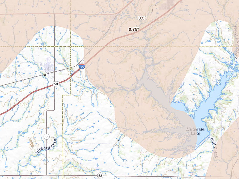 Radar-estimated hail-size map of the storm over Edgerton, KS on Jun 8, 2026