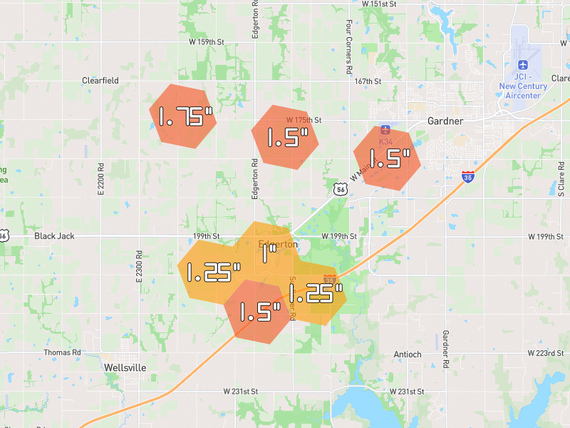 Hail map of Edgerton, KS on Jun 9, 2026, hail up to 1.75"