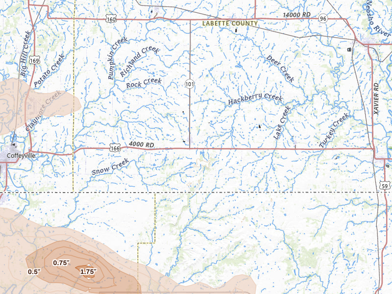 Radar-estimated hail-size map of the storm over Edna, KS on Apr 25, 2026