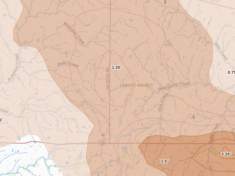 Radar-estimated hail-size map of the storm over Edna, KS on Jun 11, 2026