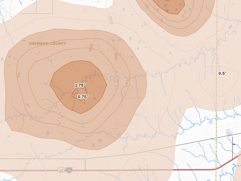 Radar-estimated hail-size map of the storm over Edson, KS on May 16, 2026