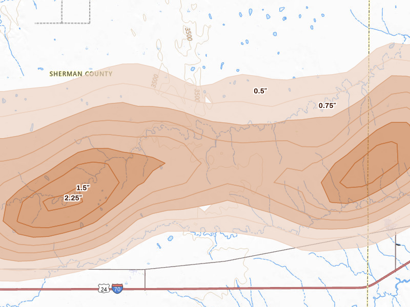 Radar-estimated hail-size map of the storm over Edson, KS on Jun 8, 2026