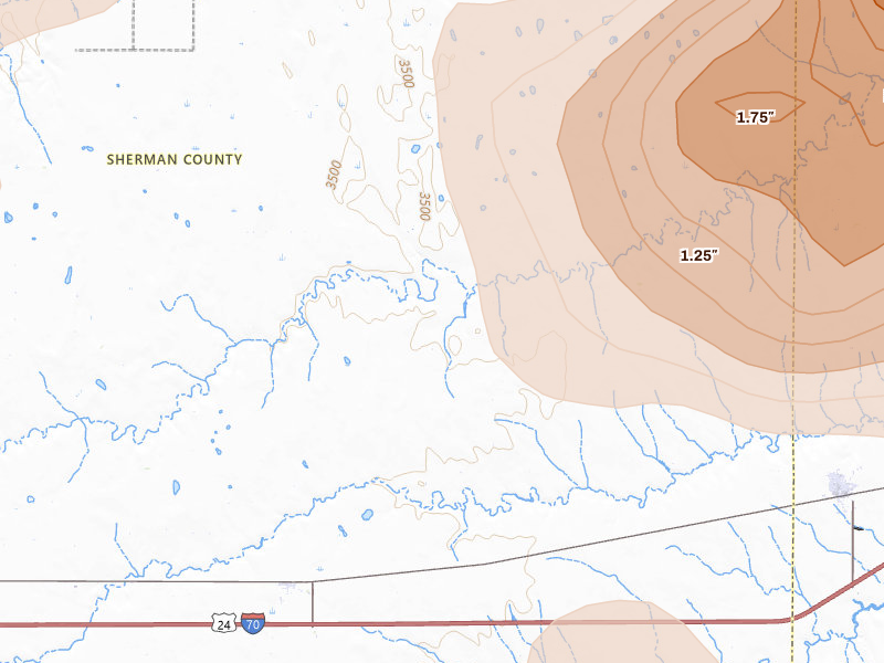 Radar-estimated hail-size map of the storm over Edson, KS on Jun 20, 2026
