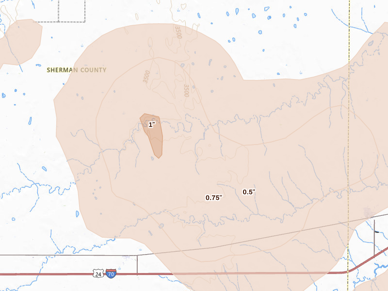 Radar-estimated hail-size map of the storm over Edson, KS on Jul 3, 2026