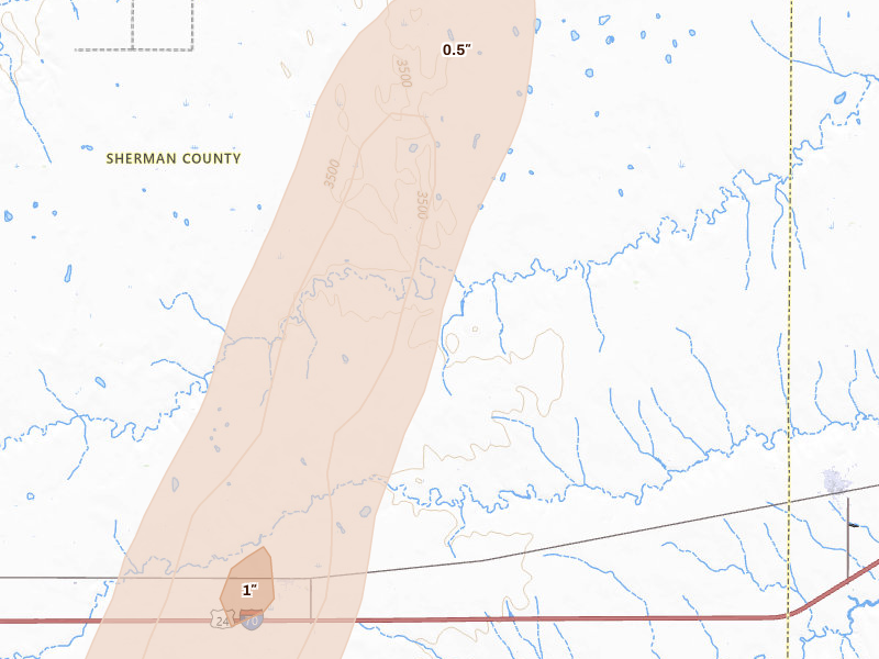 Radar-estimated hail-size map of the storm over Edson, KS on Aug 14, 2026