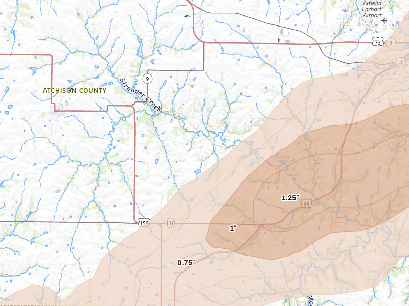 Radar-estimated hail-size map of the storm over Effingham, KS on Apr 17, 2026