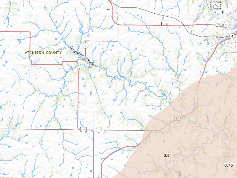 Radar-estimated hail-size map of the storm over Effingham, KS on Apr 26, 2026