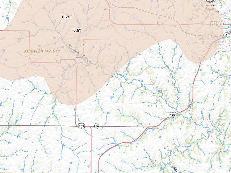Radar-estimated hail-size map of the storm over Effingham, KS on Jul 3, 2026