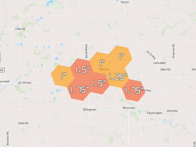 Hail map of Effingham, KS on Jul 3, 2026, hail up to 1.75"