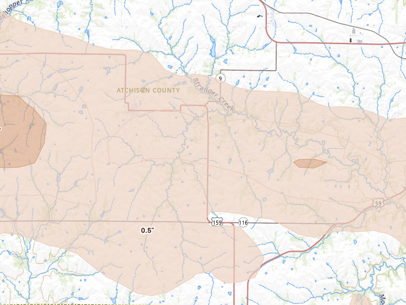 Radar-estimated hail-size map of the storm over Effingham, KS on Aug 18, 2026