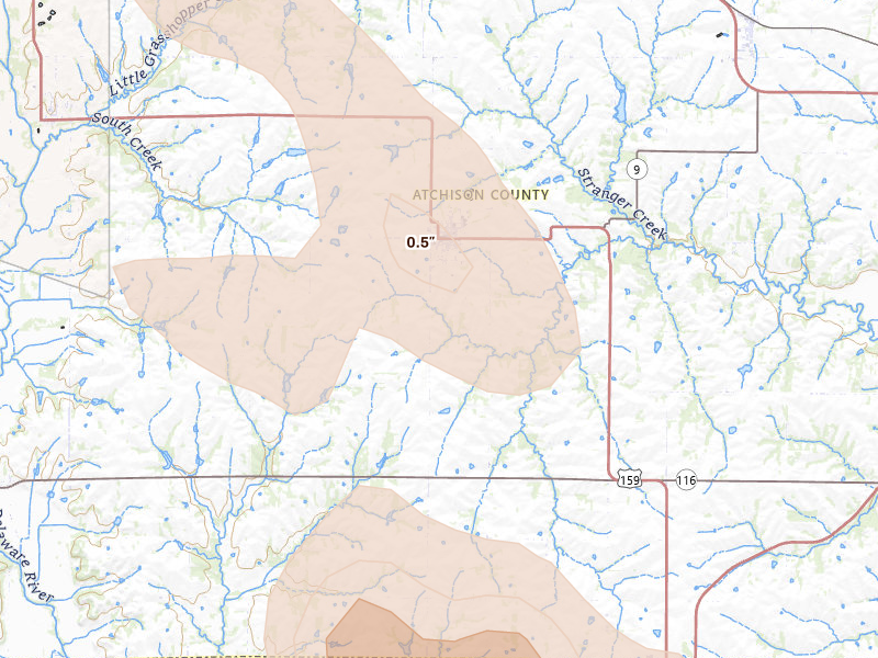 Radar-estimated hail-size map of the storm over Effingham, KS on Aug 21, 2026