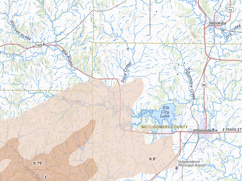 Radar-estimated hail-size map of the storm over Elk City, KS on Apr 3, 2026