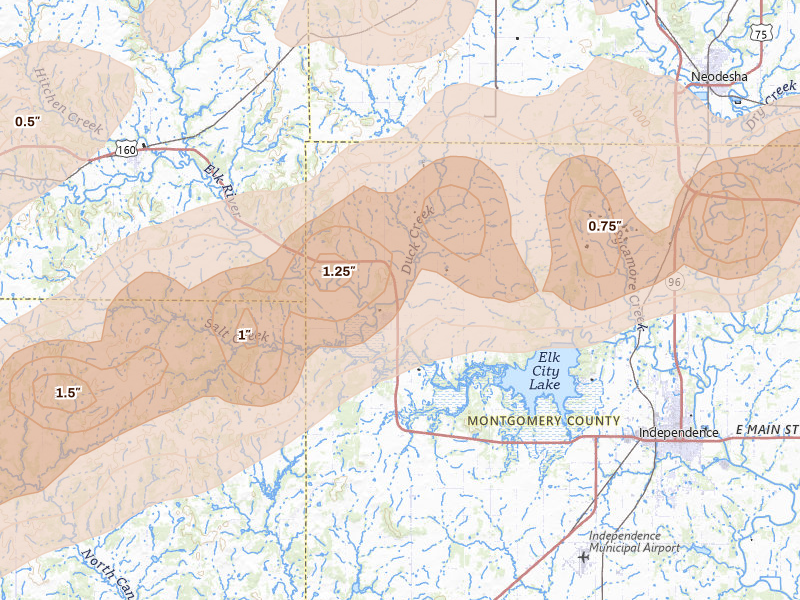 Radar-estimated hail-size map of the storm over Elk City, KS on Apr 17, 2026