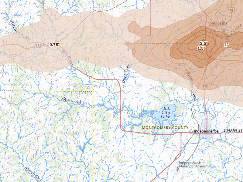 Radar-estimated hail-size map of the storm over Elk City, KS on Apr 26, 2026