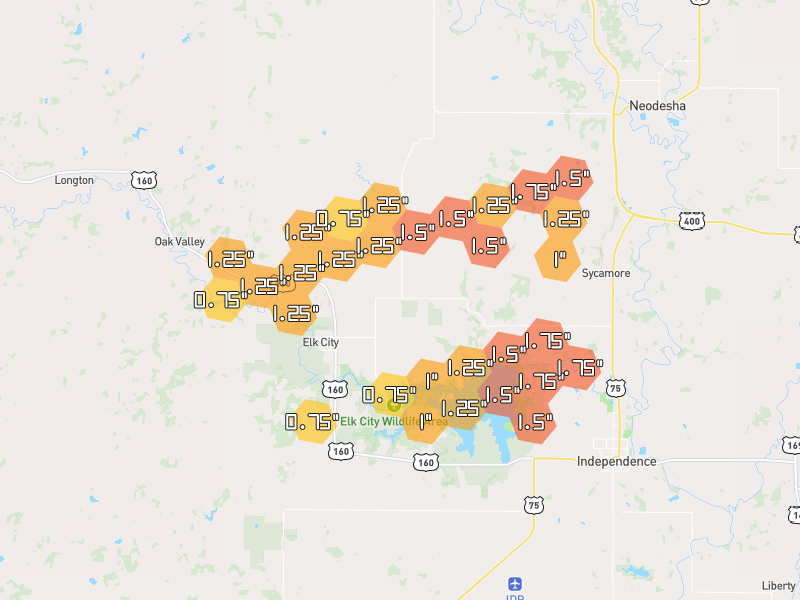 Hail map of Elk City, KS on Jun 1, 2026, hail up to 1.75"