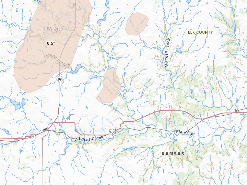 Radar-estimated hail-size map of the storm over Elk Falls, KS on May 18, 2026