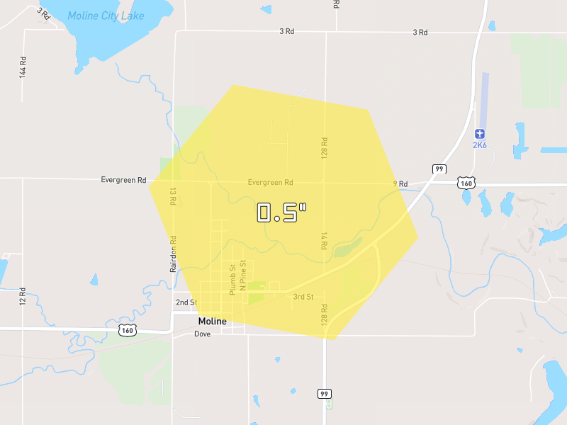 Hail map of Elk Falls, KS on Jul 23, 2026, hail up to 0.5"