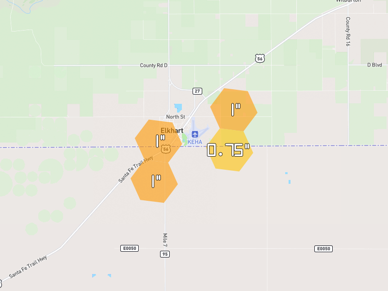 Hail map of Elkhart, KS on Jun 2, 2026, hail up to 1"