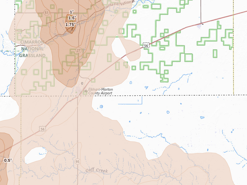 Radar-estimated hail-size map of the storm over Elkhart, KS on Jun 12, 2026