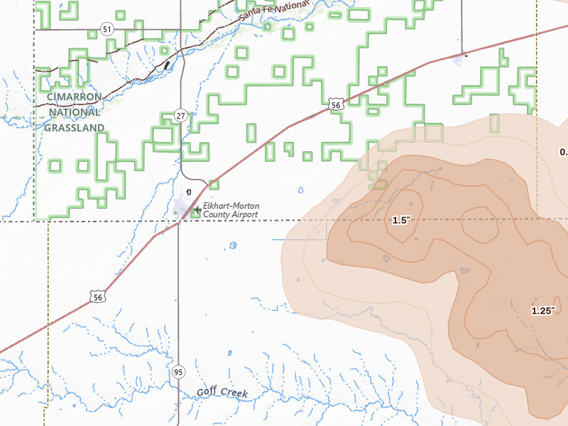 Radar-estimated hail-size map of the storm over Elkhart, KS on Jul 3, 2026