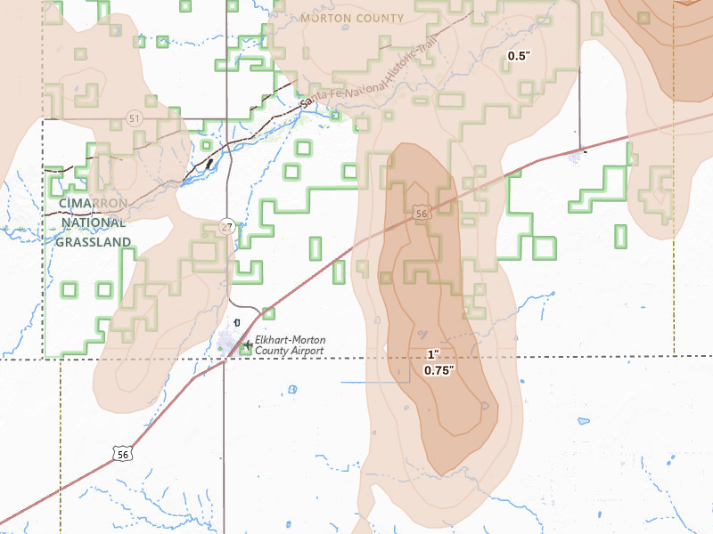 Radar-estimated hail-size map of the storm over Elkhart, KS on Aug 15, 2026