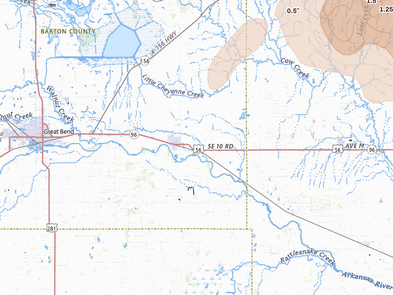 Radar-estimated hail-size map of the storm over Ellinwood, KS on Apr 26, 2026
