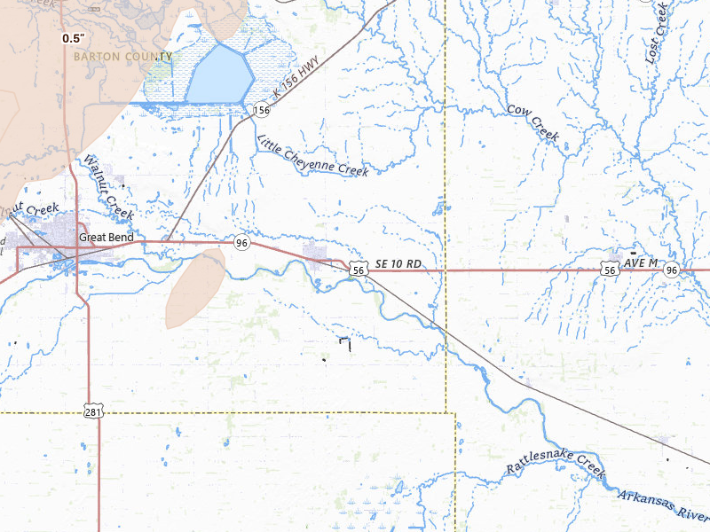 Radar-estimated hail-size map of the storm over Ellinwood, KS on May 17, 2026