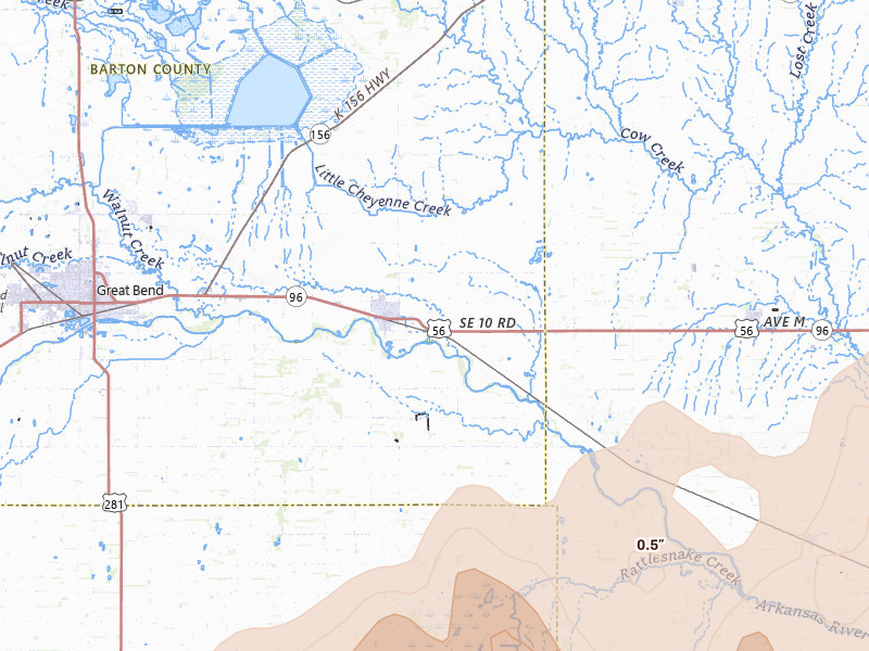 Radar-estimated hail-size map of the storm over Ellinwood, KS on May 18, 2026