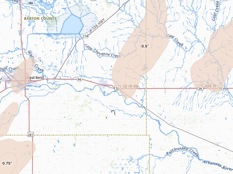 Radar-estimated hail-size map of the storm over Ellinwood, KS on May 29, 2026