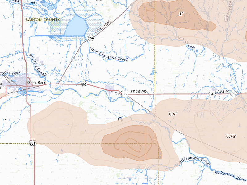 Radar-estimated hail-size map of the storm over Ellinwood, KS on Jun 10, 2026