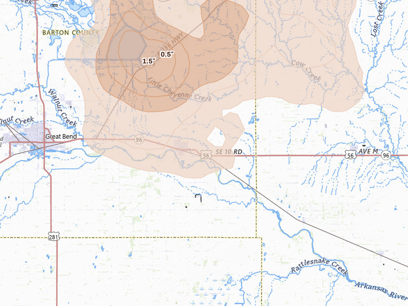 Radar-estimated hail-size map of the storm over Ellinwood, KS
