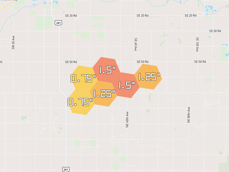 Hail map of Ellinwood, KS on Jul 4, 2026, hail up to 1.5"