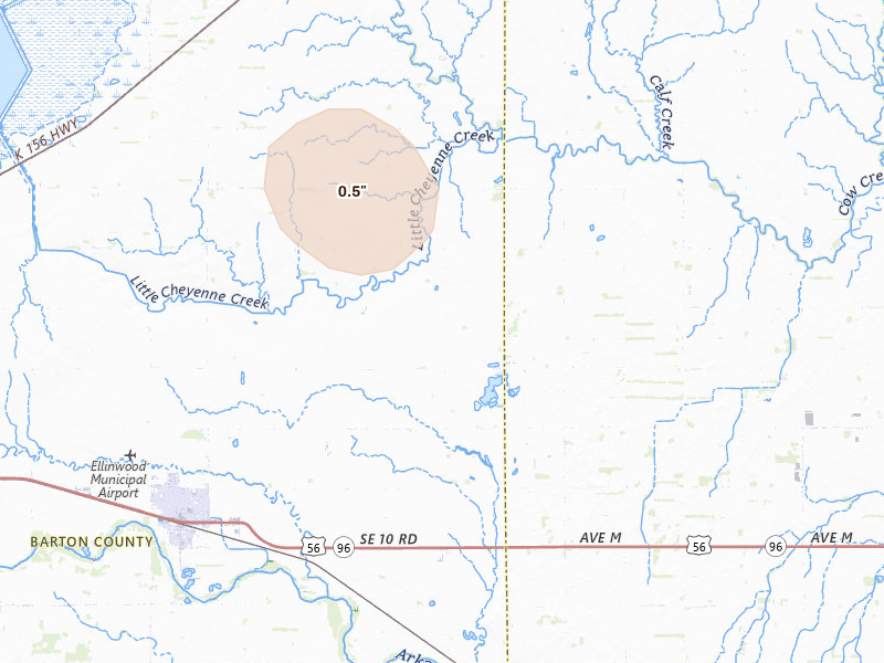 Radar-estimated hail-size map of the storm over Ellinwood, KS on Aug 21, 2026