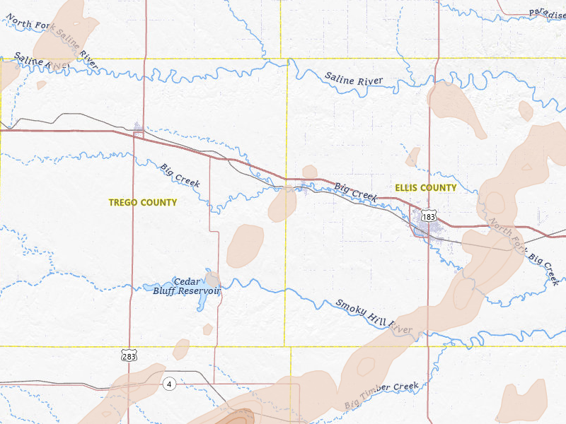 Radar-estimated hail-size map of the storm over Ellis, KS on Apr 26, 2026
