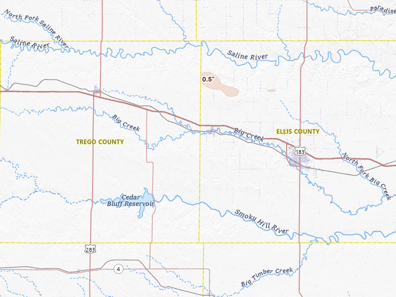 Radar-estimated hail-size map of the storm over Ellis, KS on May 9, 2026