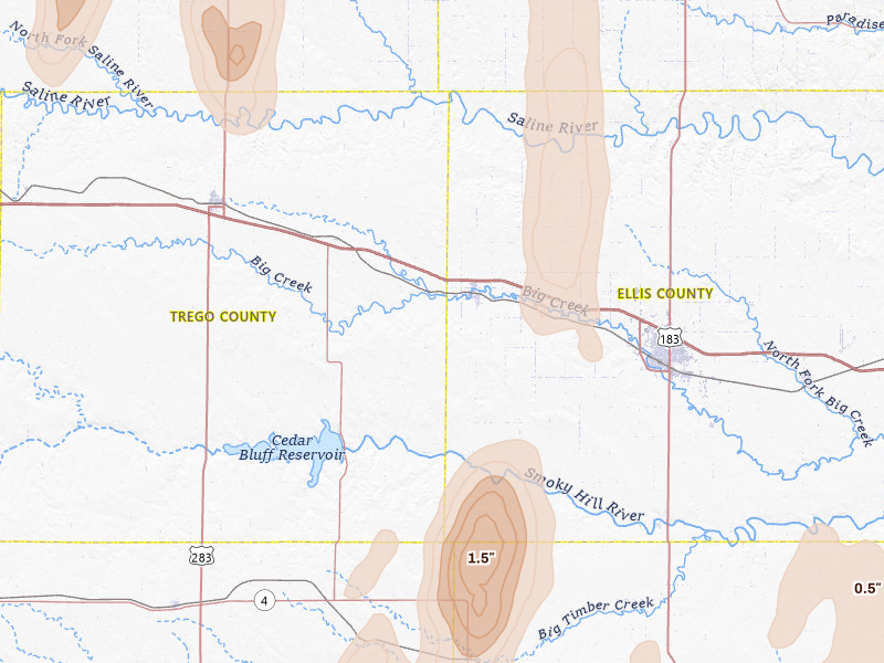 Radar-estimated hail-size map of the storm over Ellis, KS on May 30, 2026